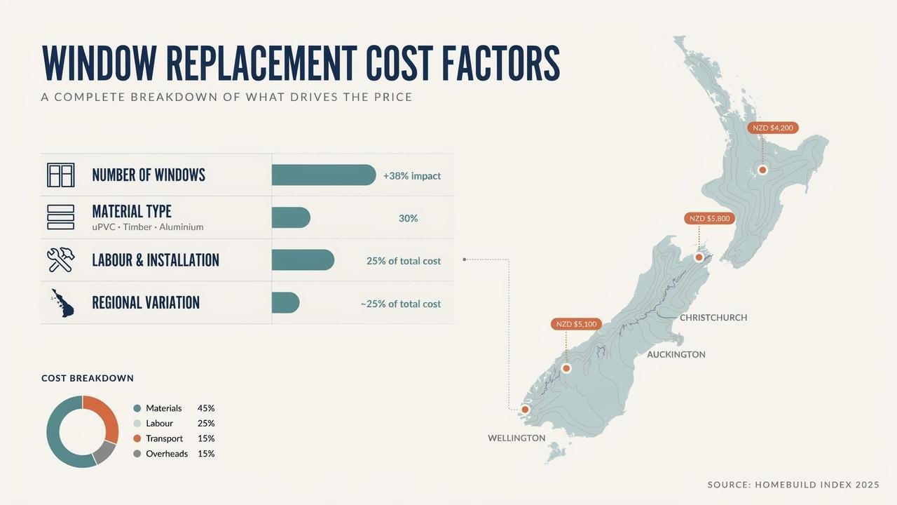 Infographic showing factors affecting retrofit double glazing cost in New Zealand.