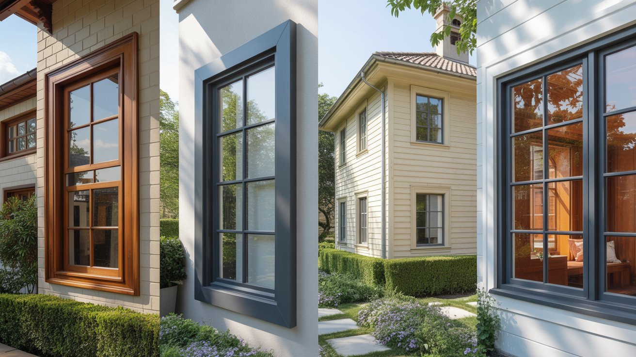 Comparison of wood, fiberglass, vinyl, and aluminum-clad multi-paned window frames on classy residential homes.