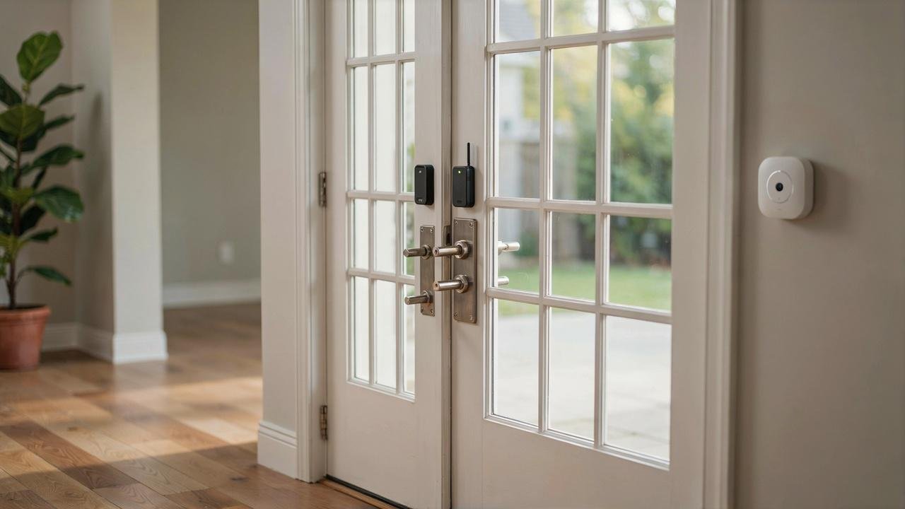French doors protected with sensors, alarms, and additional security devices.