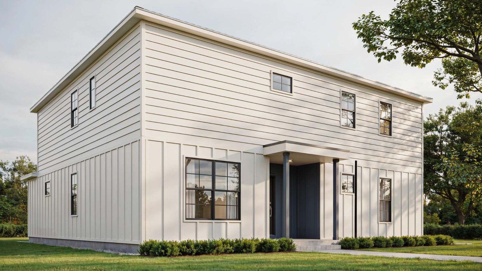 Modern home exterior finished with durable vinyl PVC cladding panels.