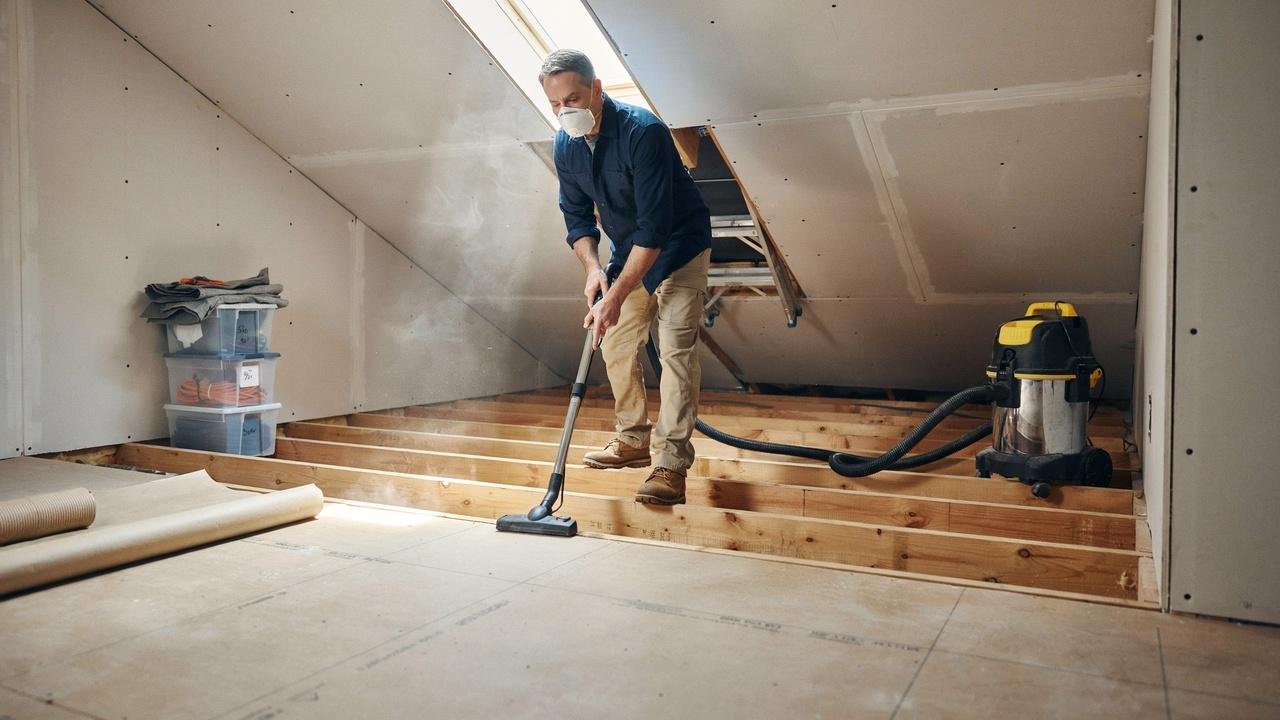 Cleaning an attic after old insulation has been removed.