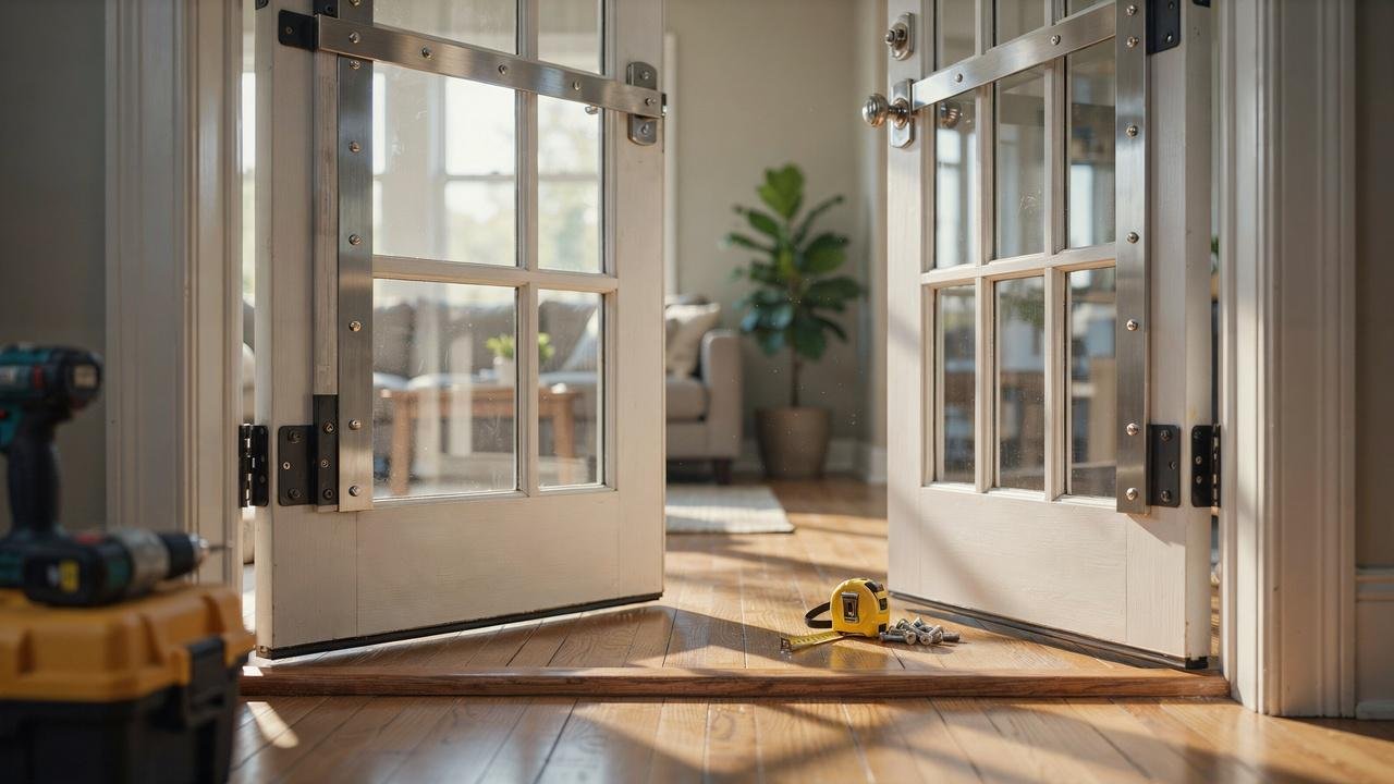 Reinforced French door frame with upgraded hinges, strike plates, and security hardware.