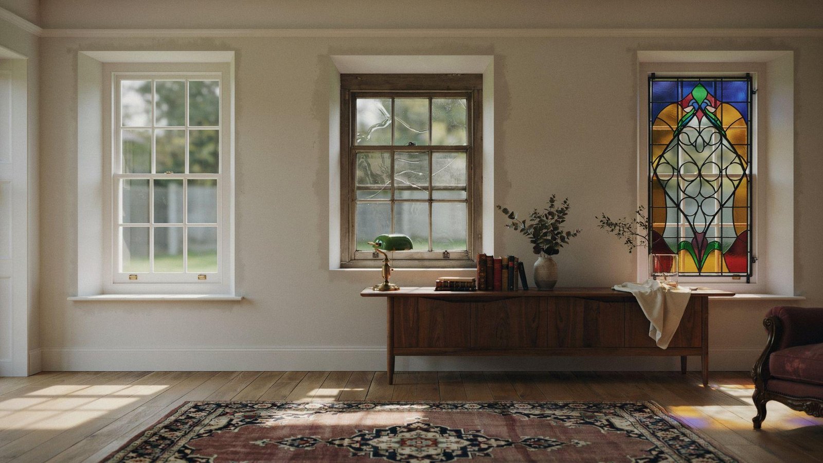 Historic home showcasing reproduction, antique salvage, and stained glass multi-paned window designs with decorative detailing.