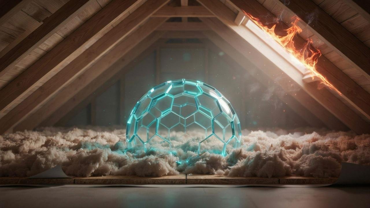 Fire-resistant cellulose insulation slowing flame spread inside attic.
