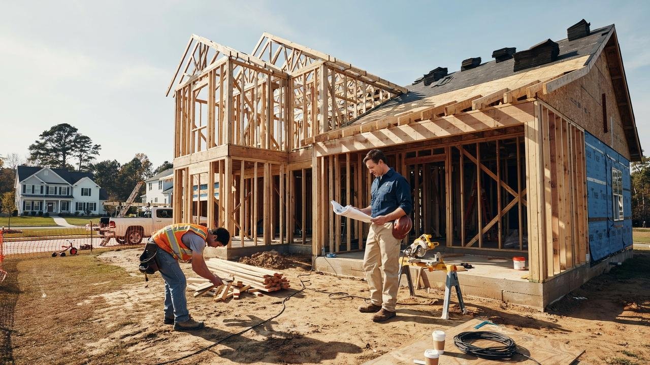 Residential house under construction with wood framing in a suburban neighborhood.