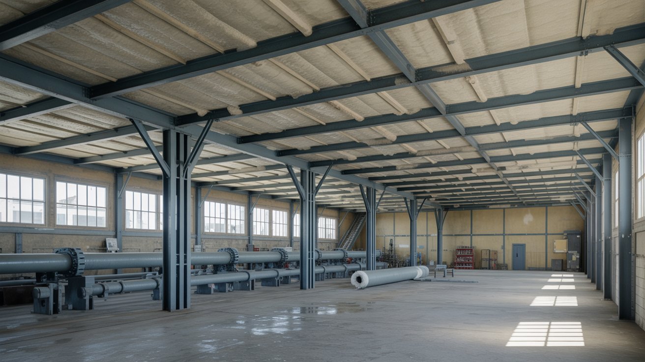 Older commercial building with insulation materials used for fireproofing and soundproofing.