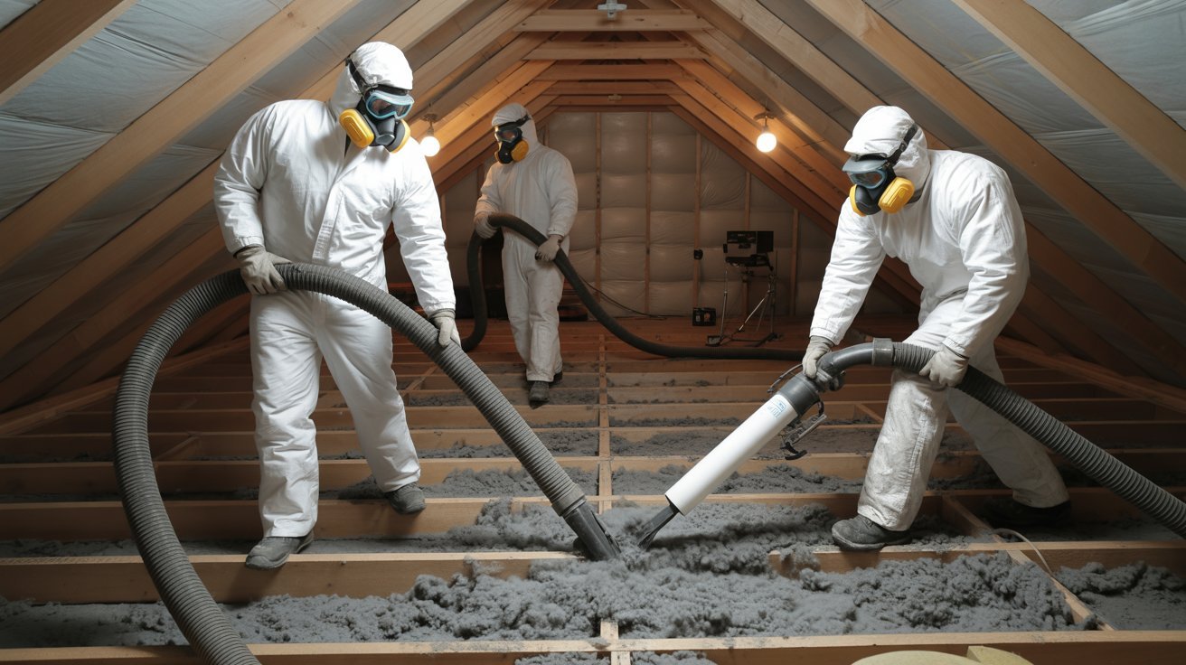 Professional attic insulation replacement process from removal to installation.