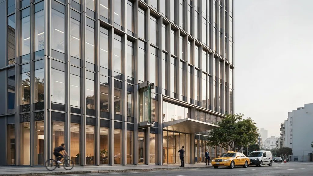 Modern building with acoustic curtain wall glazing designed to reduce noise.