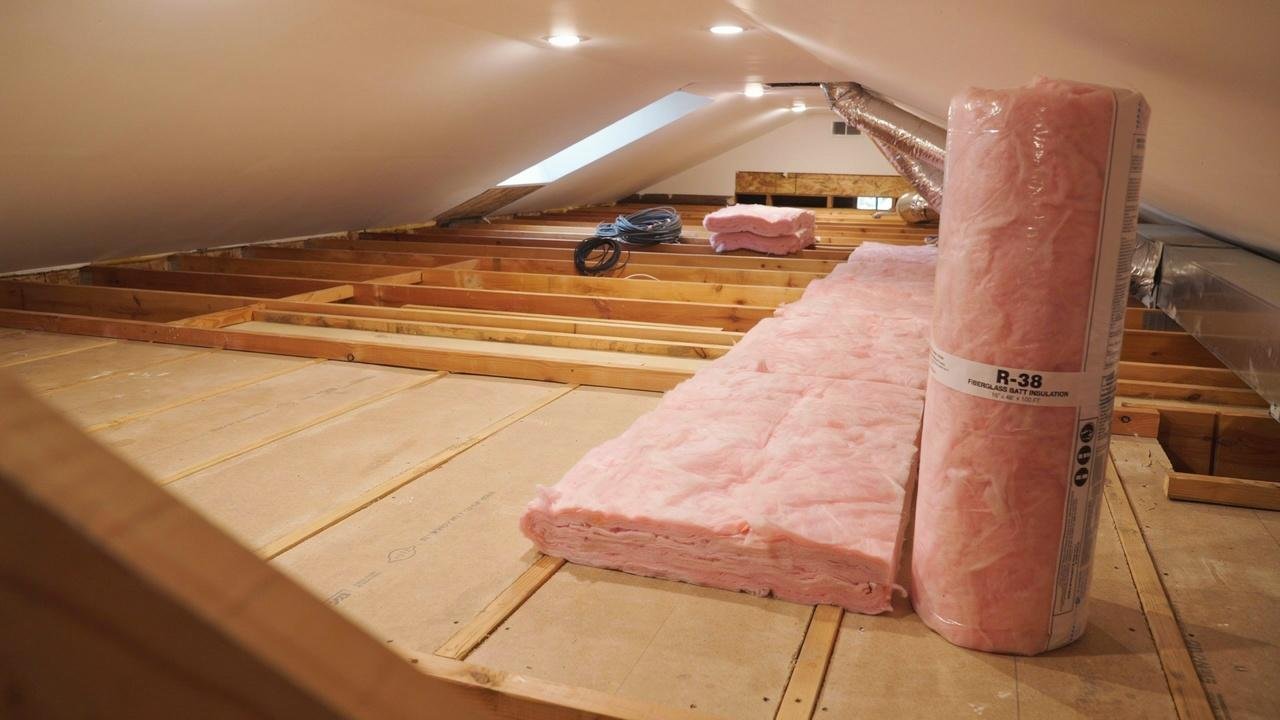 Fiberglass roll insulation covering an open attic floor.