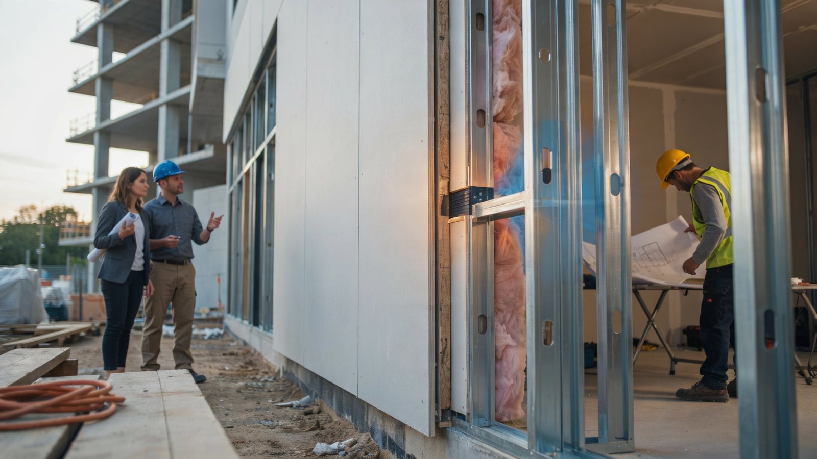 Construction wall assembly with thermal break improving insulation efficiency.
