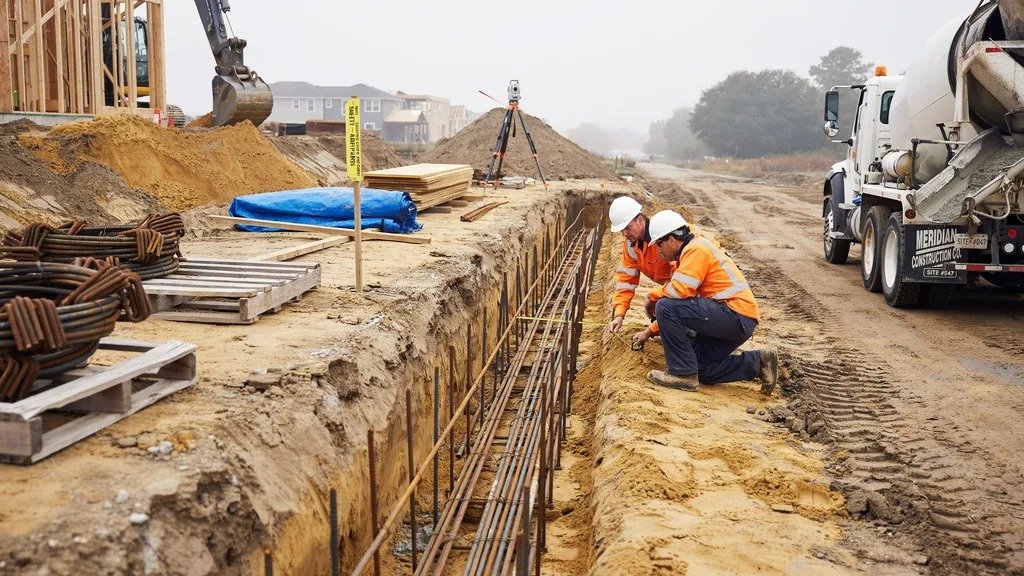 Preparing land and building the foundation of a custom home.