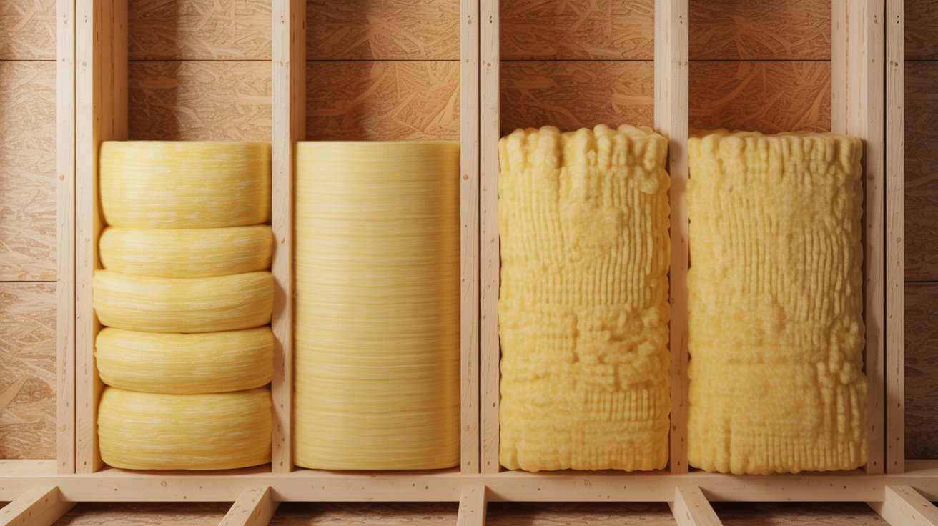Side-by-side comparison of R11 and R13 fiberglass insulation batts.