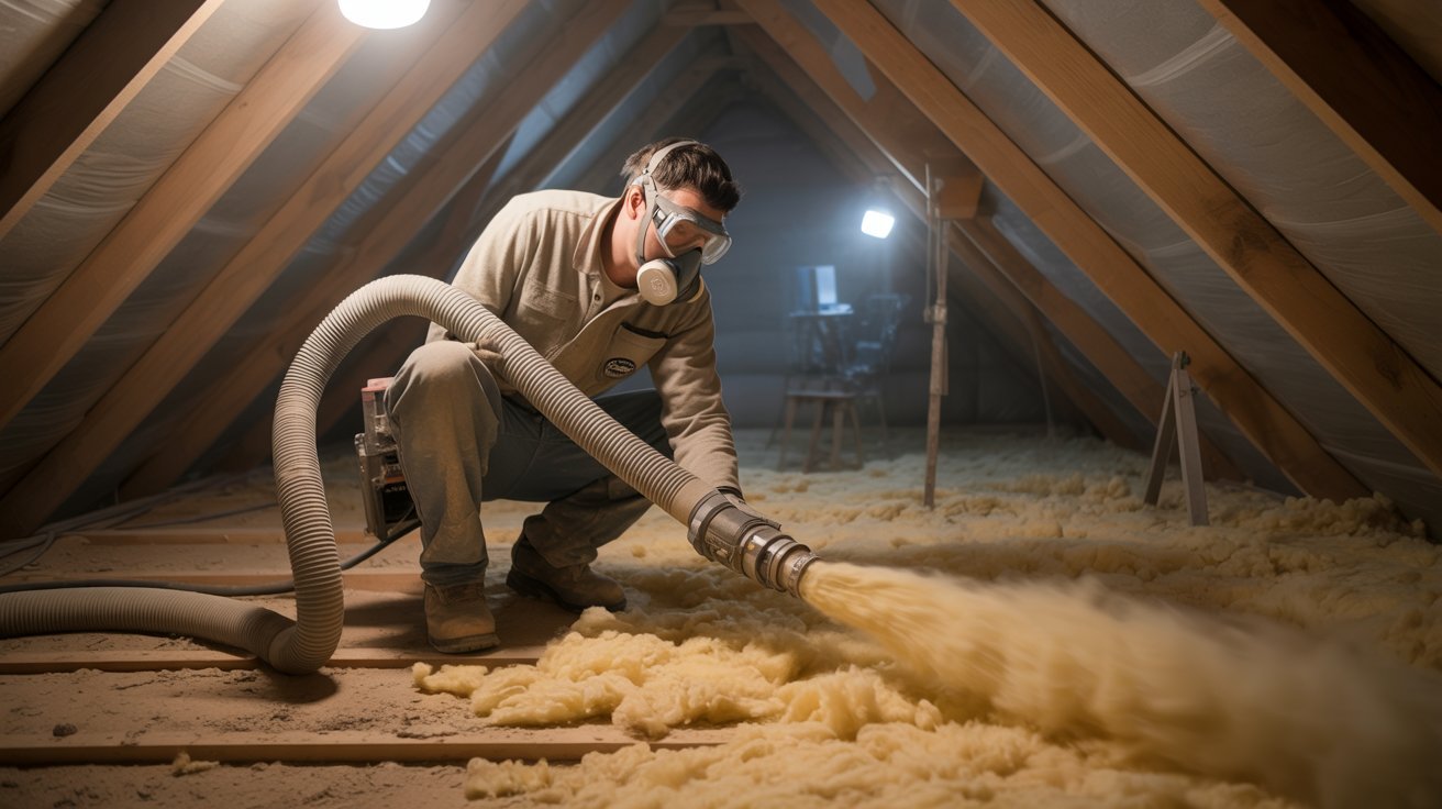 Technician installing blown-in insulation in an attic.