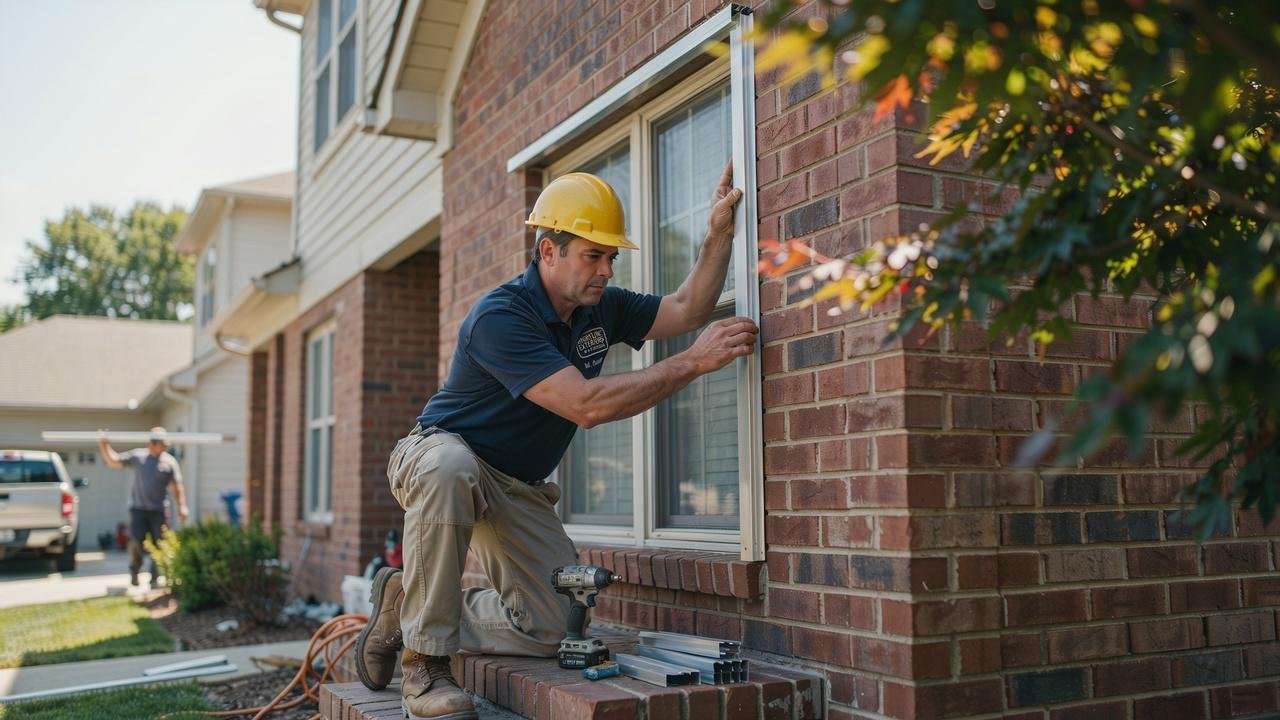 Installing side and top aluminum capping pieces around a window.