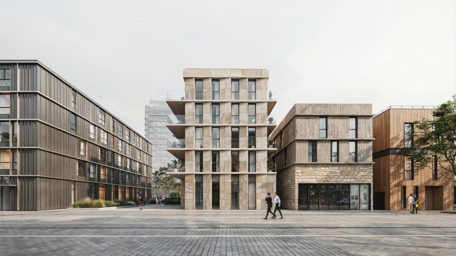 Modern buildings featuring different cladding materials used for exterior protection and design.