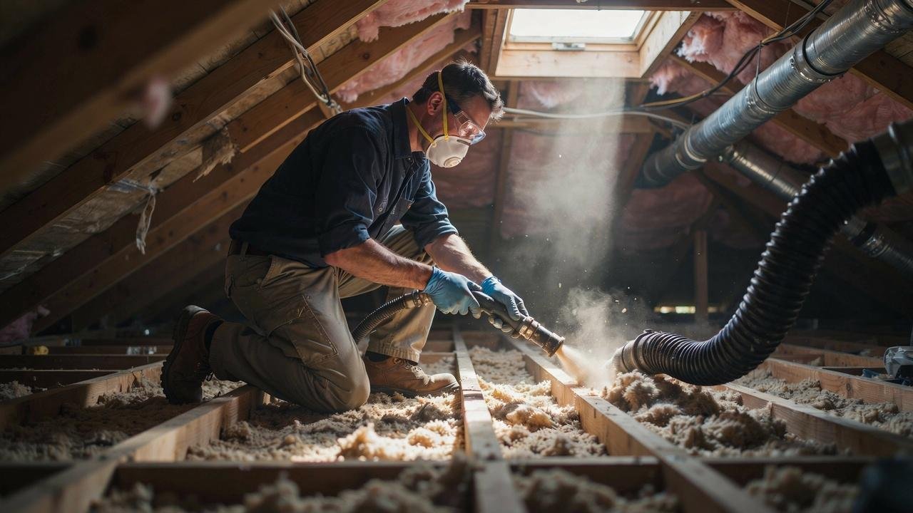 Vacuuming loose-fill insulation from an attic.