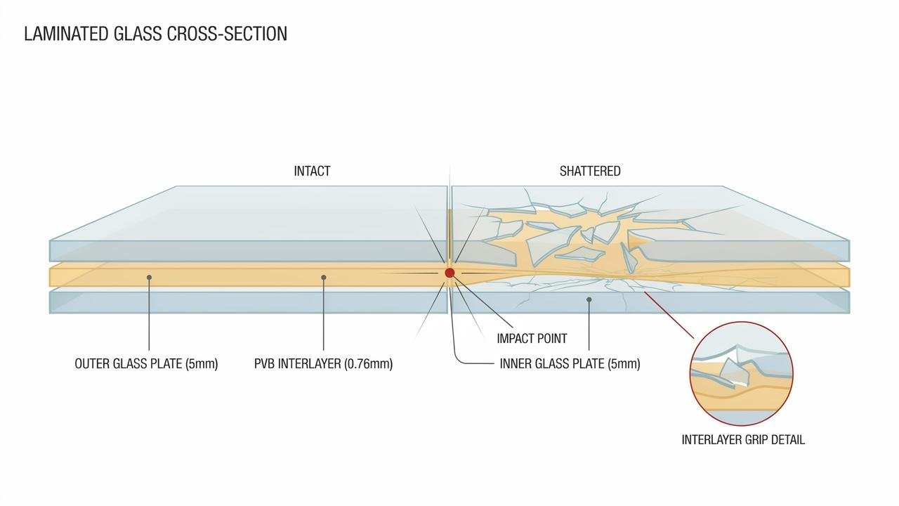 Laminated glass layers holding fragments together after break.