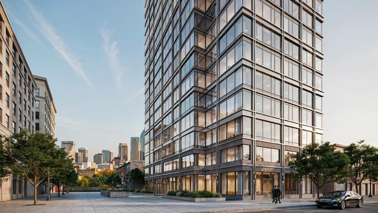 Curtain wall system used on a multi-story commercial building.