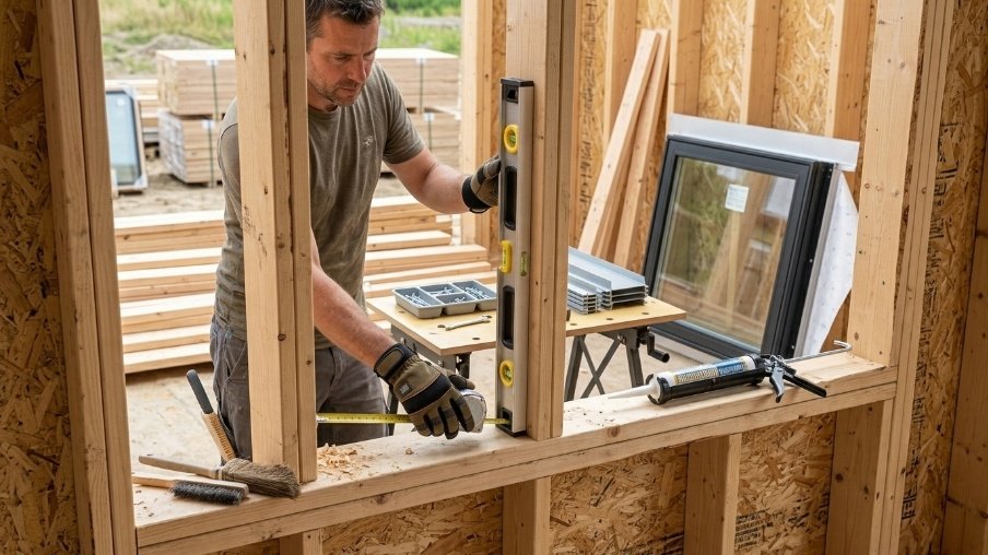 Preparing a window opening by measuring, leveling, and cleaning the frame before installation.