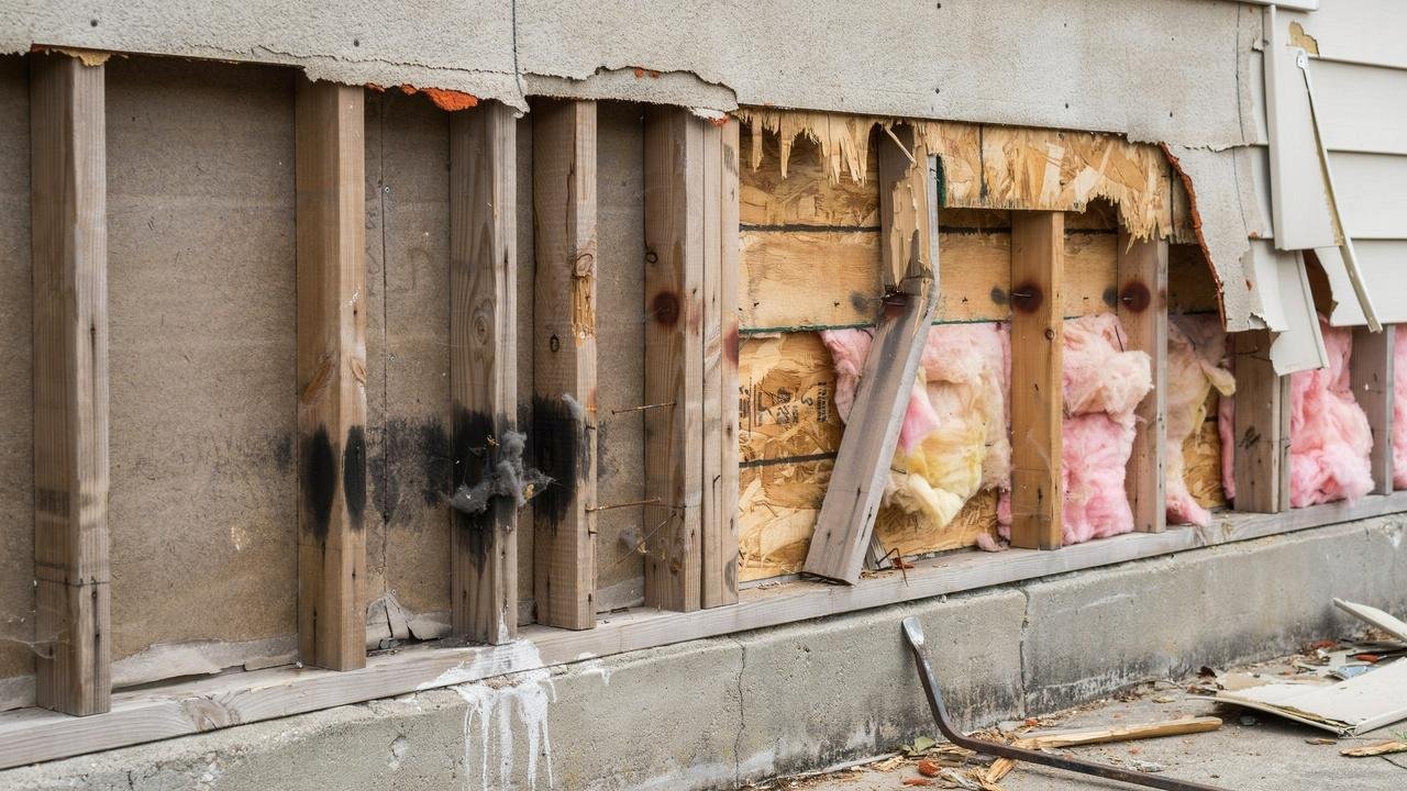 Rotting sheathing and framing behind exterior walls.