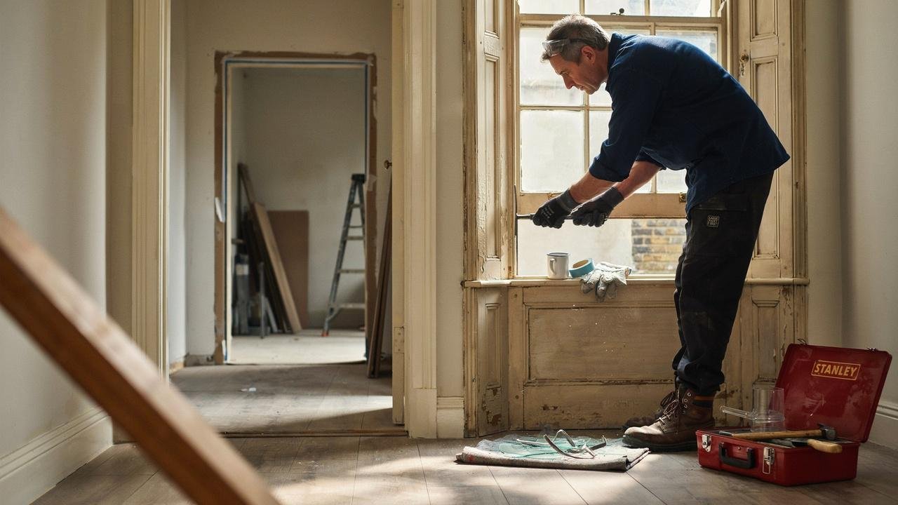 Removal of old single glazing from a window during retrofit process.