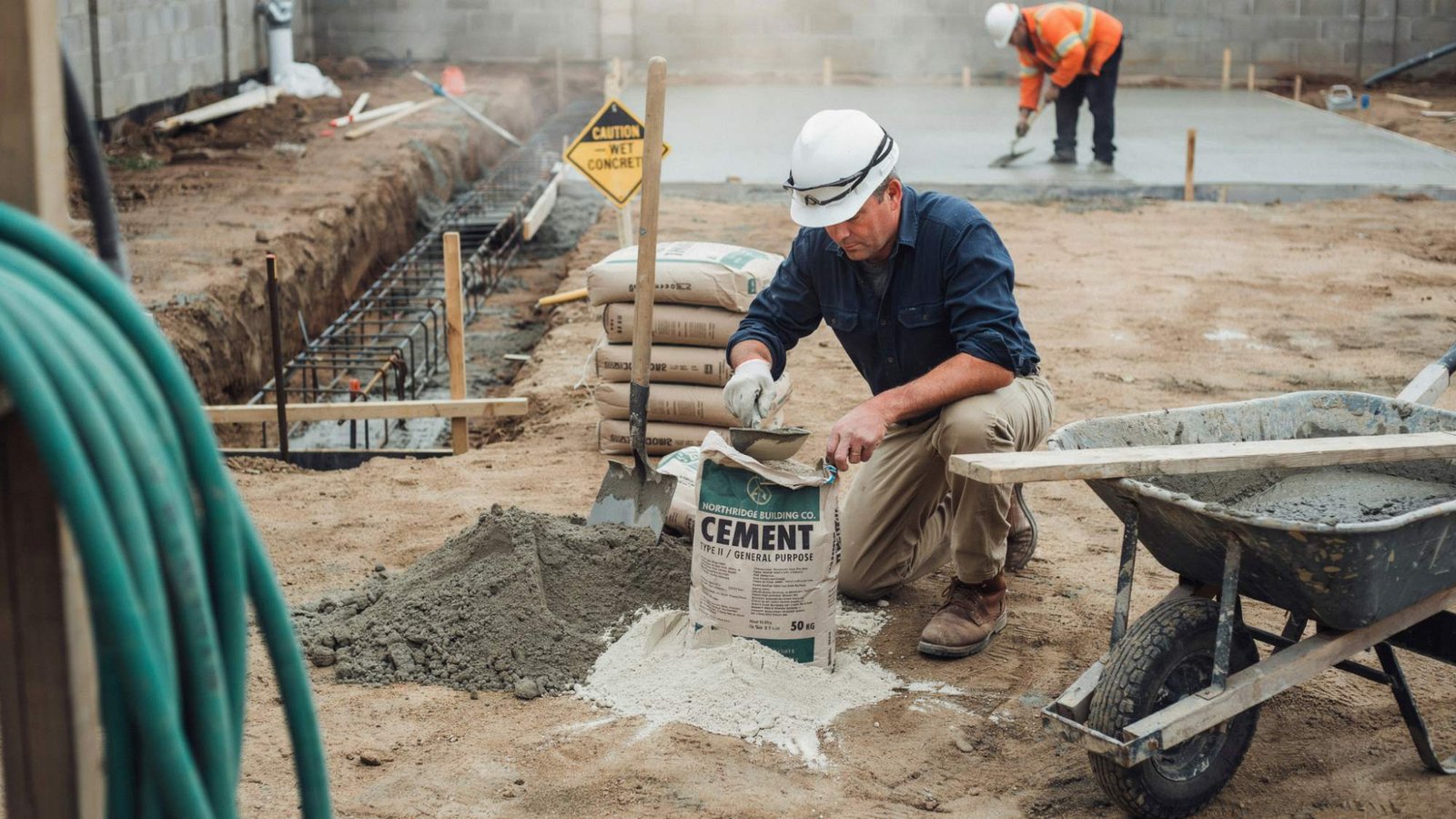 Worker mixing cement, sand, and aggregates to prepare concrete for foundation work.