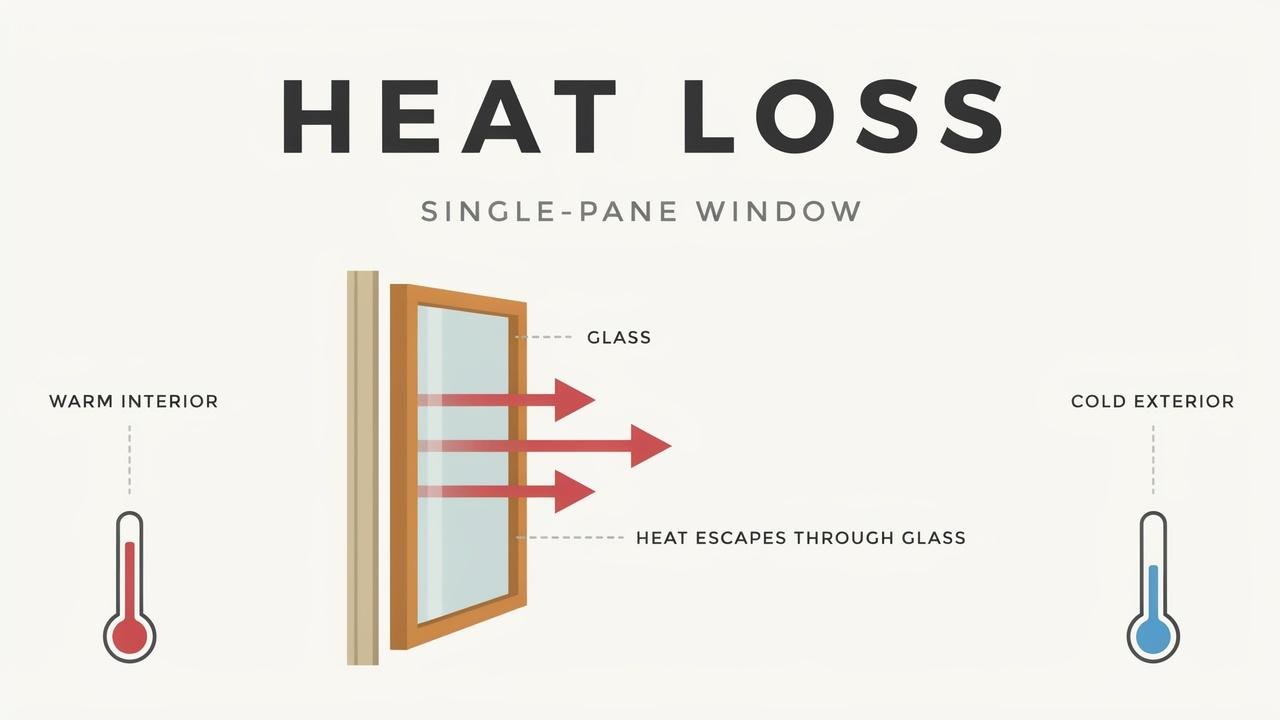 Single glazing window showing basic glass without insulation layers.
