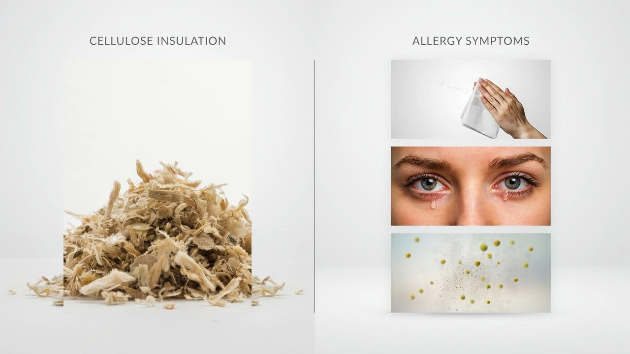 Cellulose insulation with symbols representing allergy concerns.