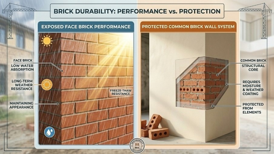 Face brick and common brick durability comparison under different exposure conditions.