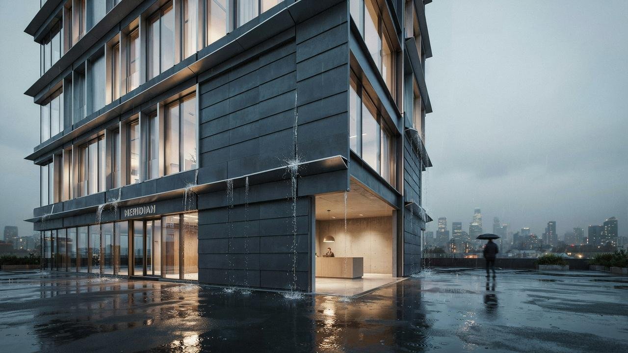 Cladding protecting a building from heavy rain and weather damage.