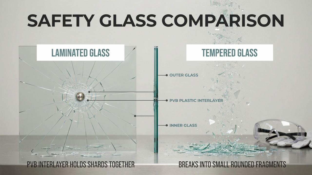 Laminated and tempered glass used for safety in construction.