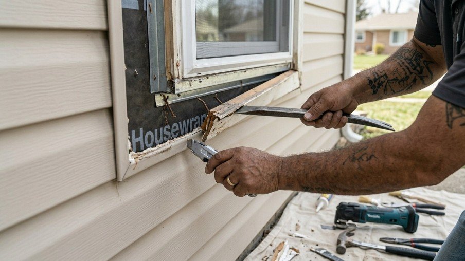 Removing exterior casing and trim to access the old window frame.