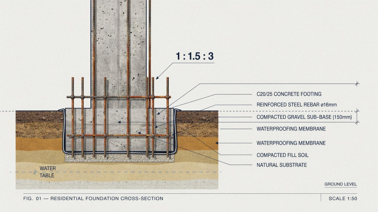 Strong residential foundation built with 1:1.5:3 concrete mix for better durability and strength.