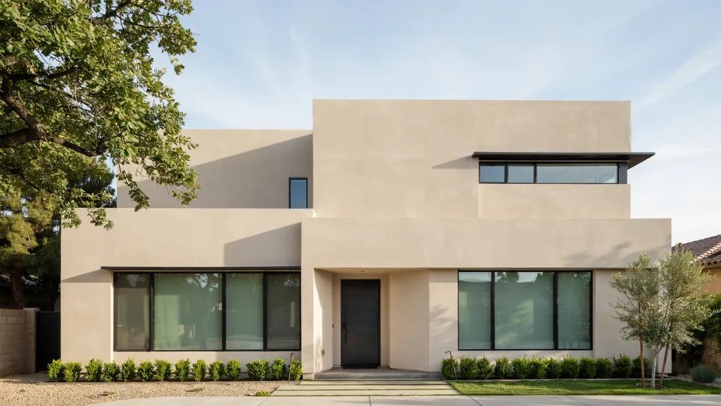 Modern home exterior showcasing a clean stucco wall finish and residential architectural design.