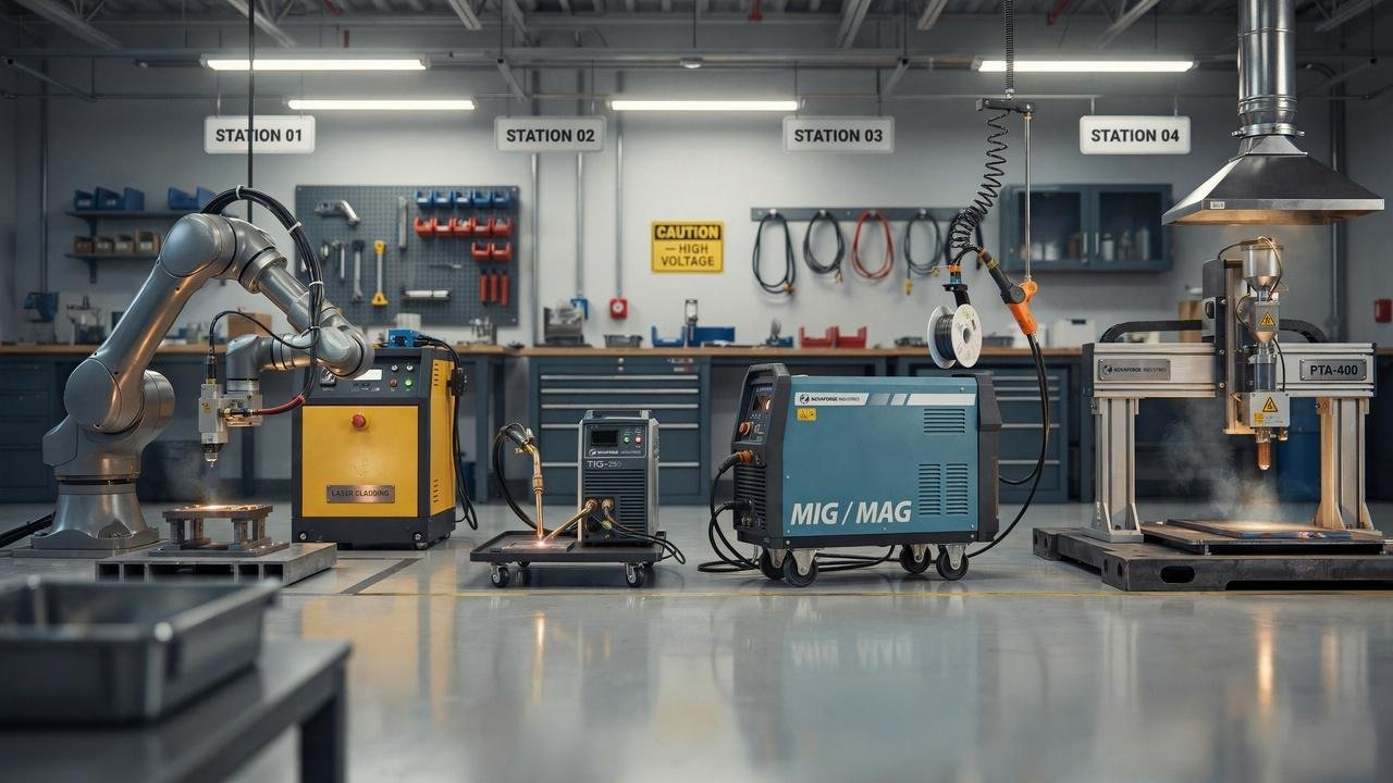 Various weld overlay cladding techniques including laser, TIG, MIG, and plasma welding equipment.