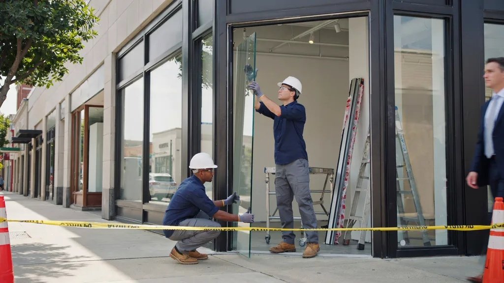 Workers replacing large storefront glass panels on a modern retail building.