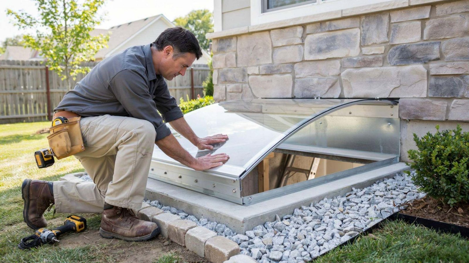 Contractor installing secure cover on completed egress window well for protection.