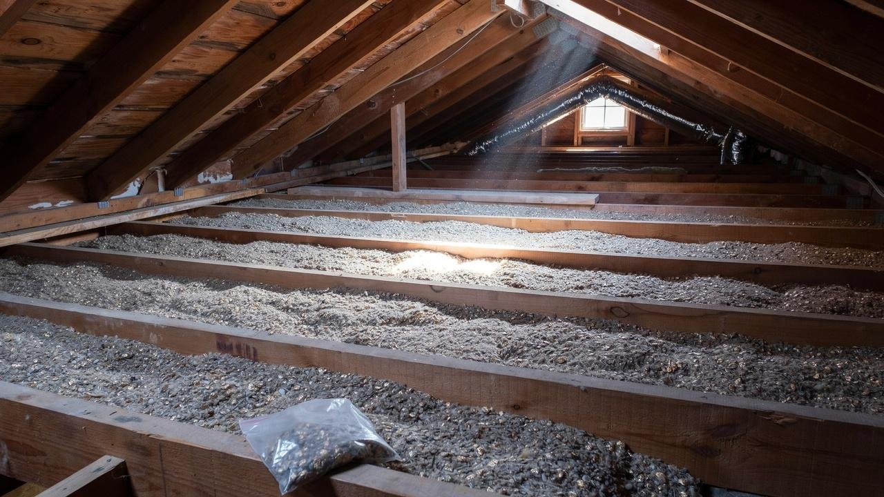 Older attic with vermiculite insulation commonly associated with asbestos.