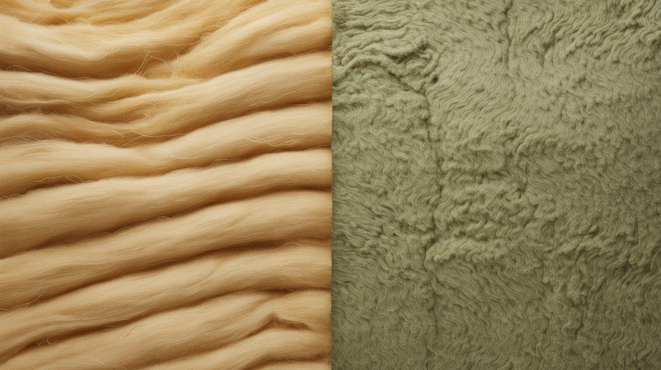 Visual comparison between asbestos wool insulation and rock wool insulation.