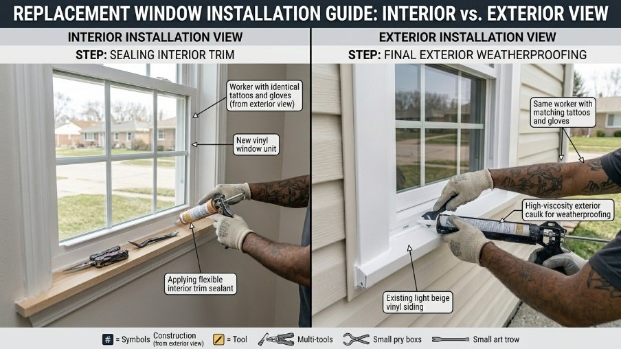 Comparison showing replacement windows installed from the inside versus outside of a home.