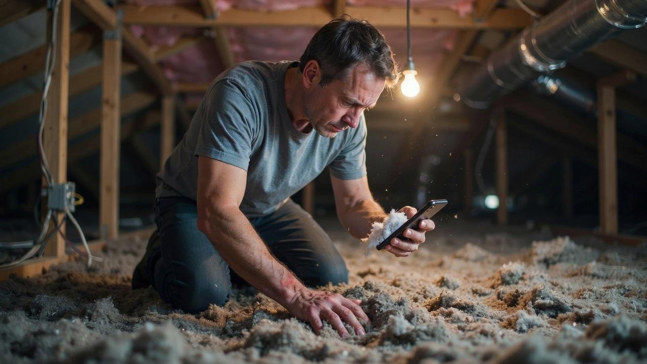 Common mistake of handling unknown attic insulation without proper precautions.