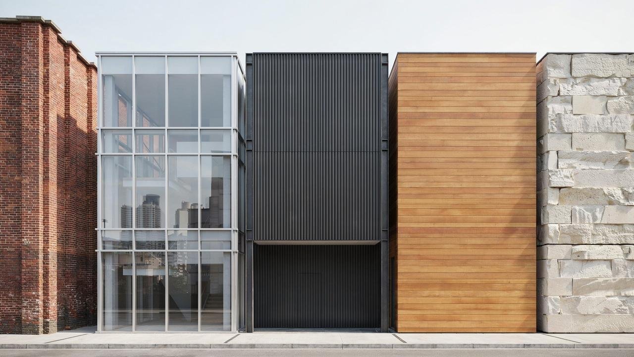 Modern buildings showcasing different types of cladding materials like brick, glass, metal, and wood.