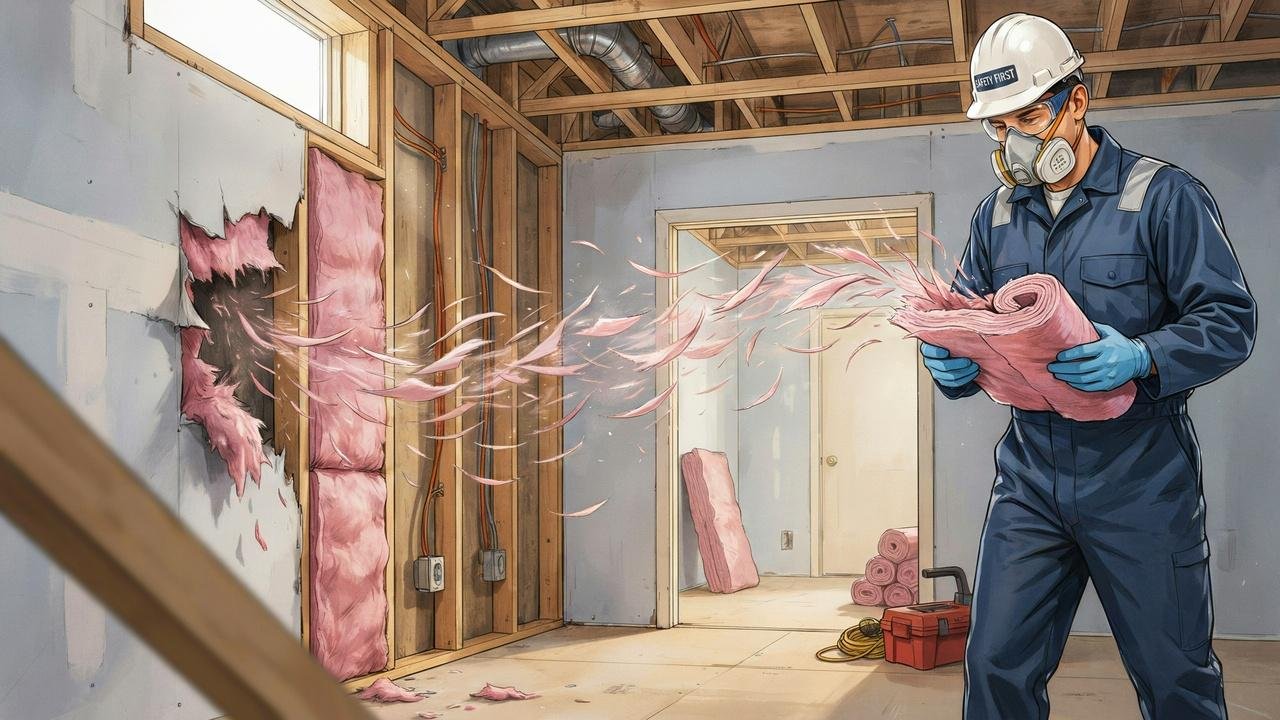 Airborne fibers released from disturbed asbestos insulation during renovation.