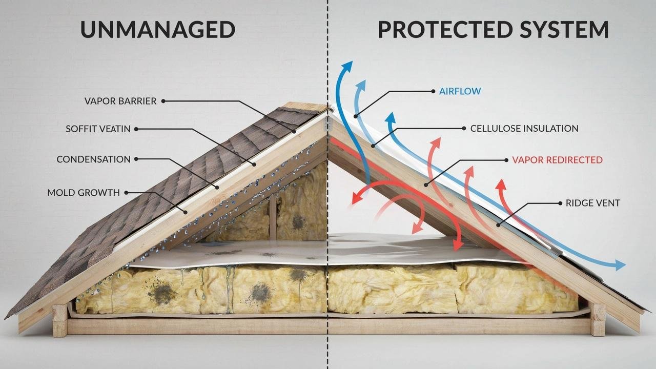 Cellulose insulation protected in humid climate with vapor barrier and airflow control.