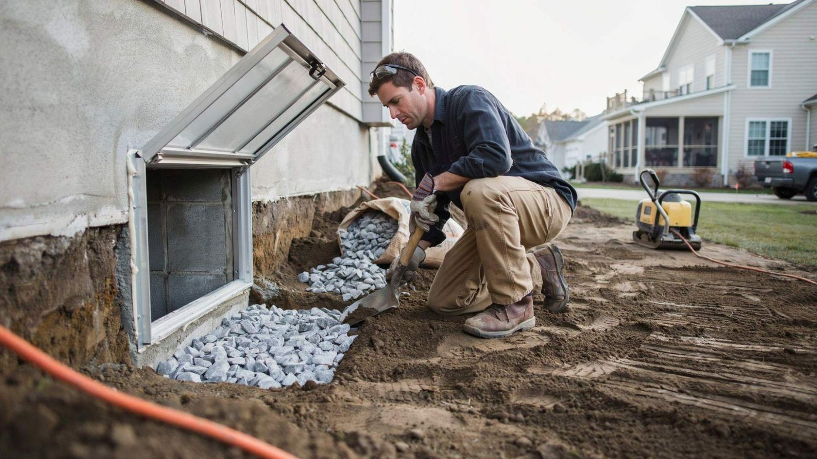 Contractor adding drainage stone and backfilling soil around egress window well.