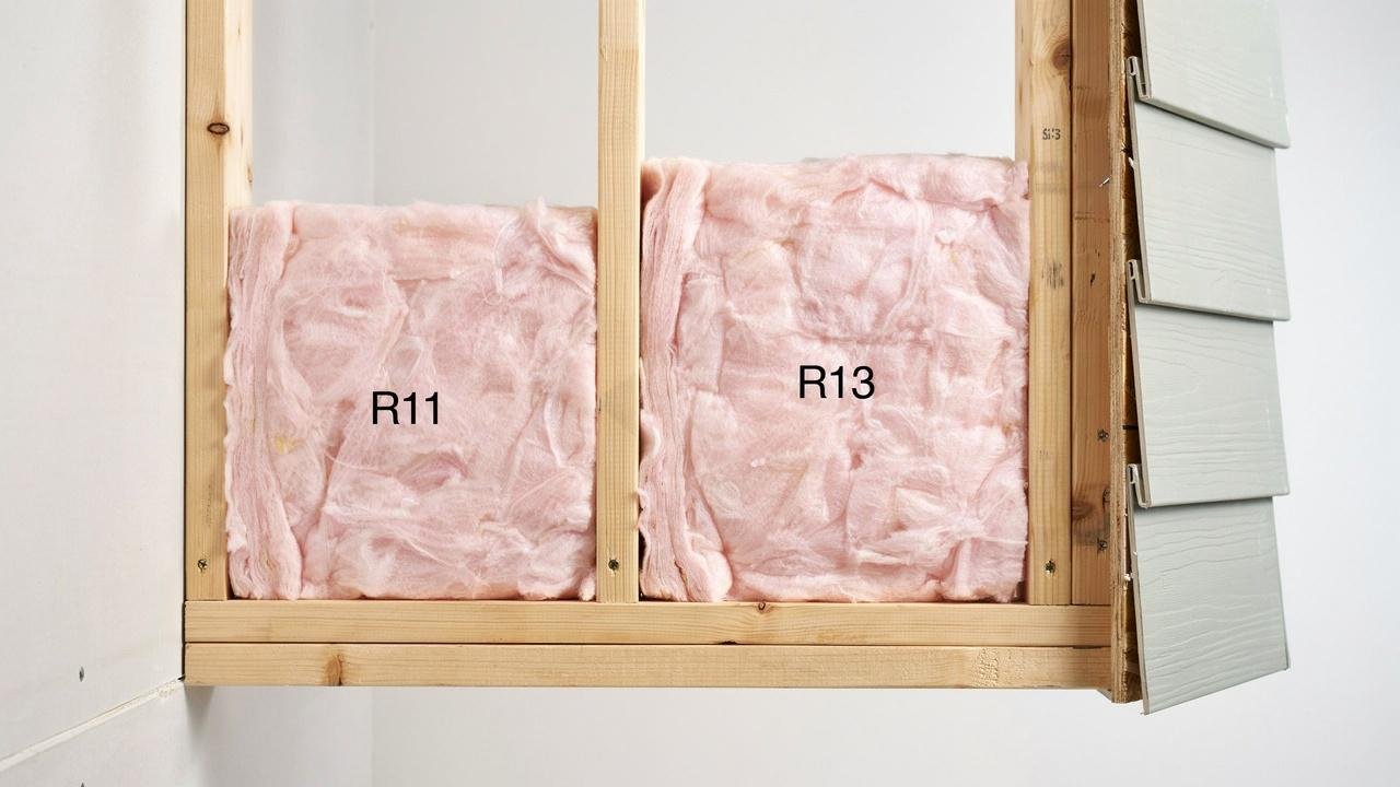 Comparison of R11 and R13 insulation installed in standard 2x4 wall framing.