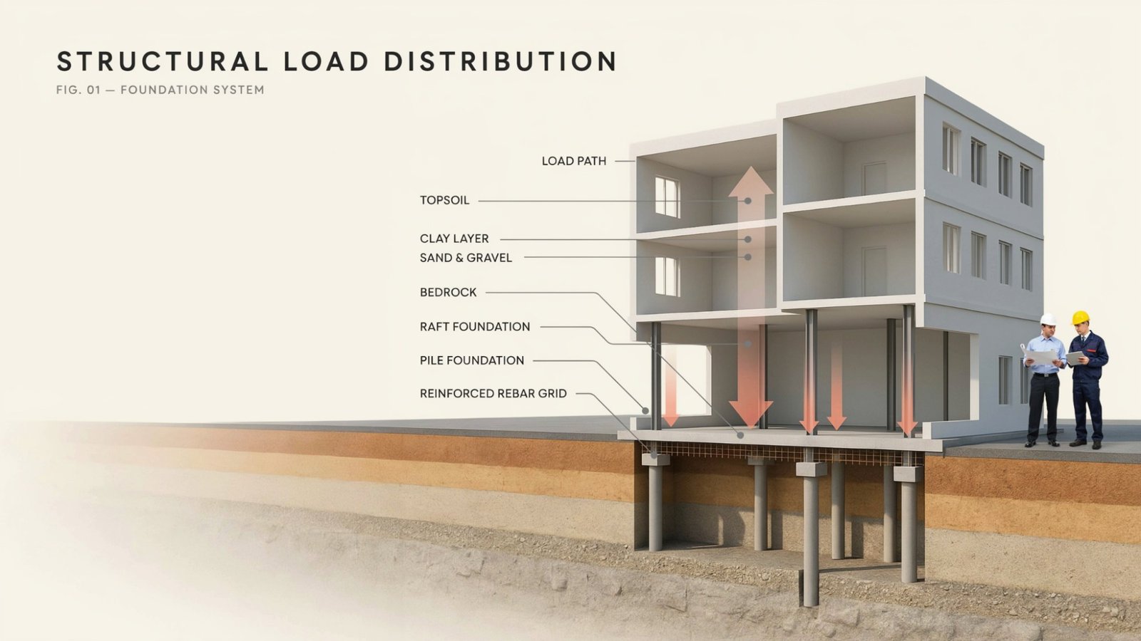 Cross-section diagram showing how a concrete foundation supports a building and transfers load into the soil.
