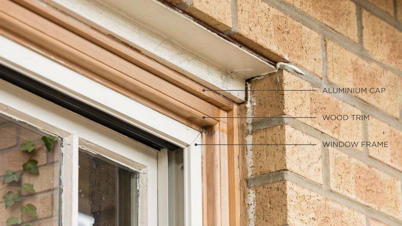 Cross-section showing aluminum capping installed over existing wood window trim.