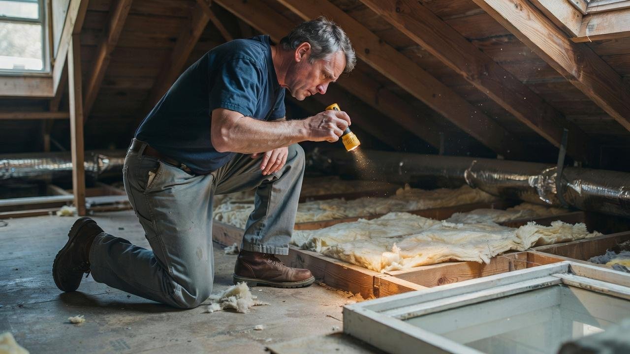Homeowner inspecting worn attic insulation before starting a removal project.