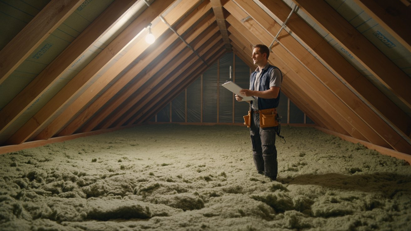 Medium-sized attic insulated with cellulose.